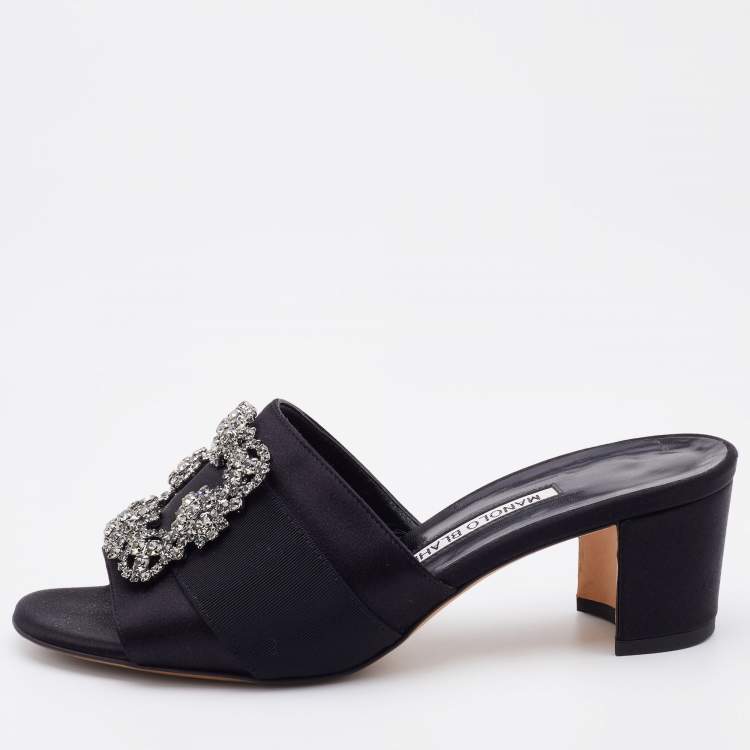 Pre Owned Manolo Blahnik Black Satin Martamod Crystal Embellished Mules Size 37