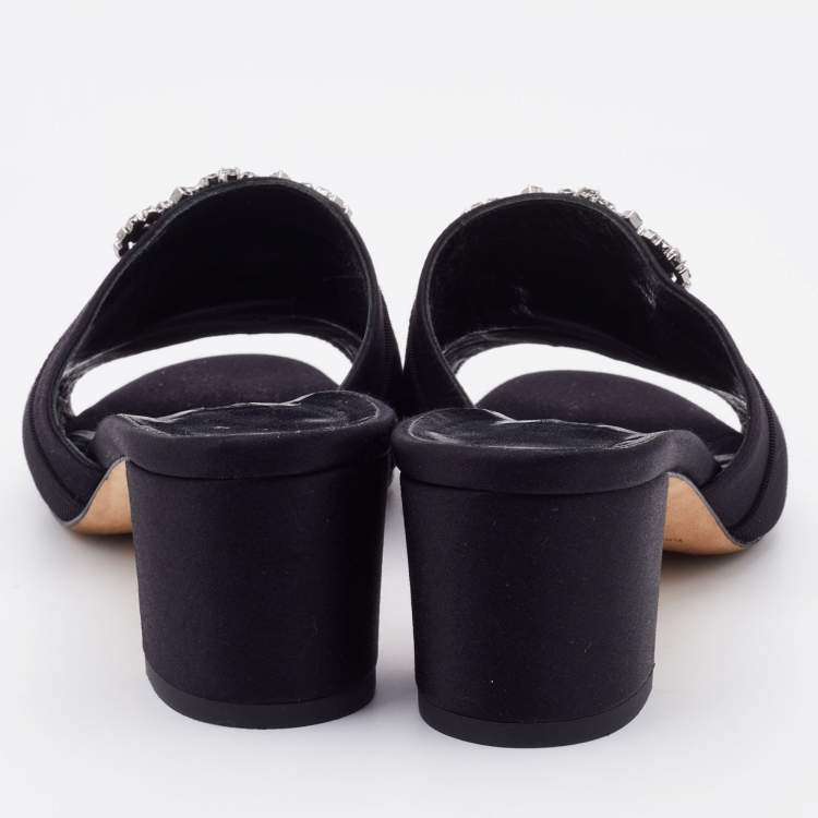 Pre Owned Manolo Blahnik Black Satin Martamod Crystal Embellished Mules Size 37