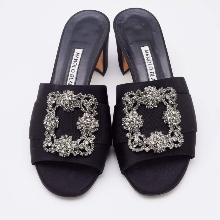 Pre Owned Manolo Blahnik Black Satin Martamod Crystal Embellished Mules Size 37