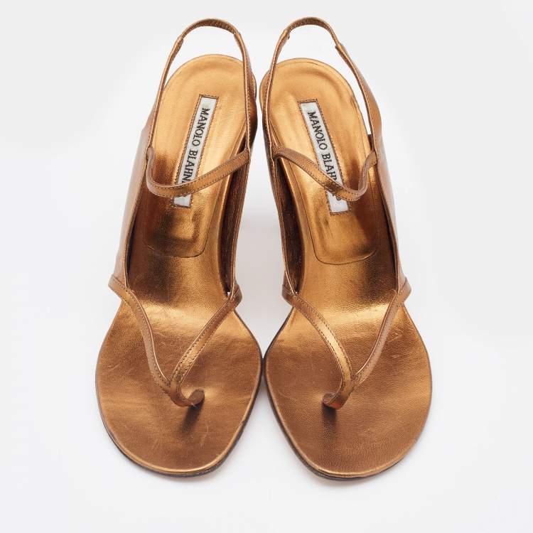 Pre Owned Manolo Blahnik Metallic Bronze Leather Thong Slingback Sandals Size 39