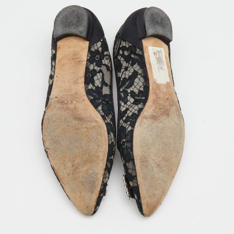Pre Owned Manolo Blahnik Black Lace and Satin Hangisi Crystal Embellished Ballet Flats Size 39.5