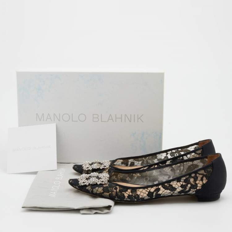 Pre Owned Manolo Blahnik Black Lace and Satin Hangisi Crystal Embellished Ballet Flats Size 39.5