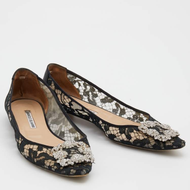 Pre Owned Manolo Blahnik Black Lace and Satin Hangisi Crystal Embellished Ballet Flats Size 39.5