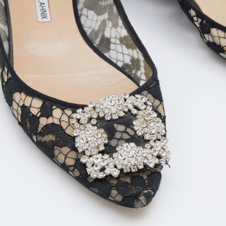Pre Owned Manolo Blahnik Black Lace and Satin Hangisi Crystal Embellished Ballet Flats Size 39.5