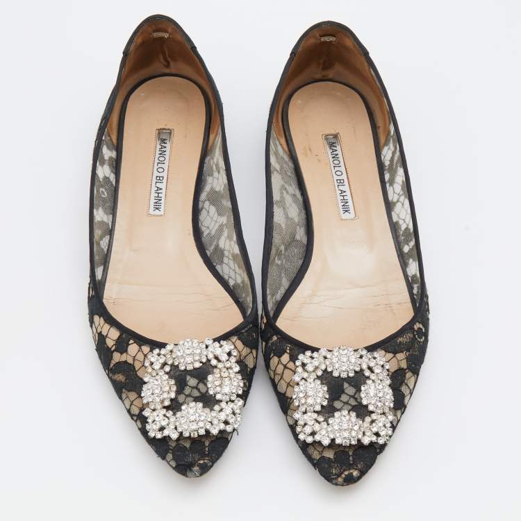 Pre Owned Manolo Blahnik Black Lace and Satin Hangisi Crystal Embellished Ballet Flats Size 39.5