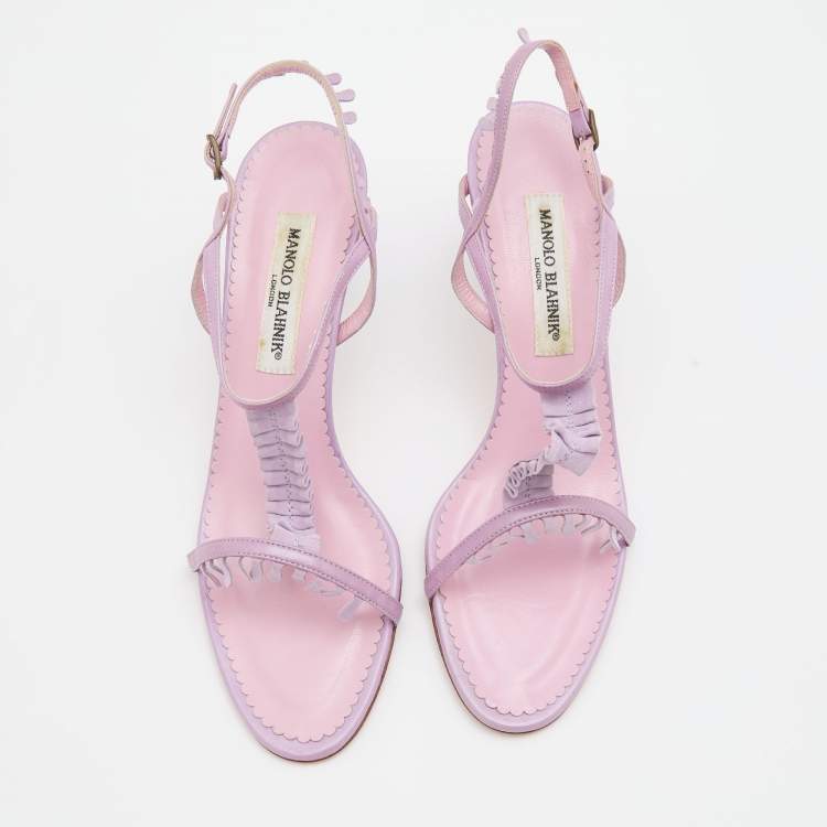 Pre Owned Manolo Blahnik Lilac Leather and Suede T Strap Sandals Size 39.5