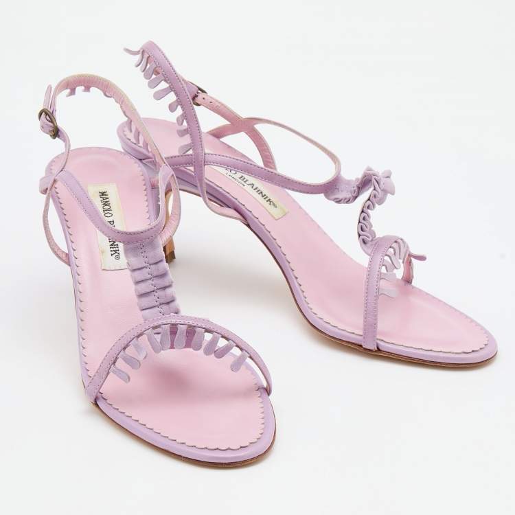 Pre Owned Manolo Blahnik Lilac Leather and Suede T Strap Sandals Size 39.5