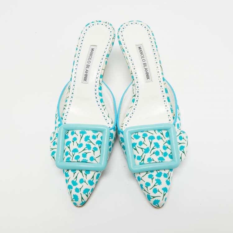 Pre Owned Manolo Blahnik White/Blue Printed Fabric Maysale Mules Size 38
