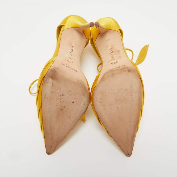 Pre Owned Manolo Blahnik Yellow Satin Reya Pleated Pointed Toe Ankle Wrap Pumps Size 37.5