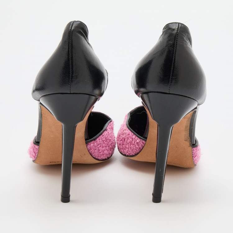 Pre Owned Manolo Blahnik Pink/Black Tweed and Leather T-Bar Square Toe Pumps Size 41