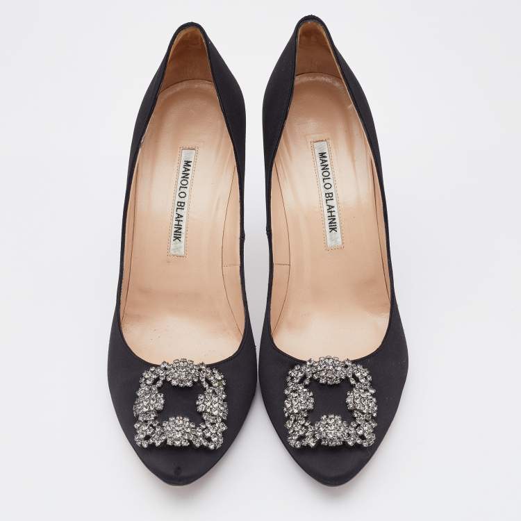 Pre Owned Manolo Blahnik Black Satin Hangisi Crystal Embellished Pumps Size 40