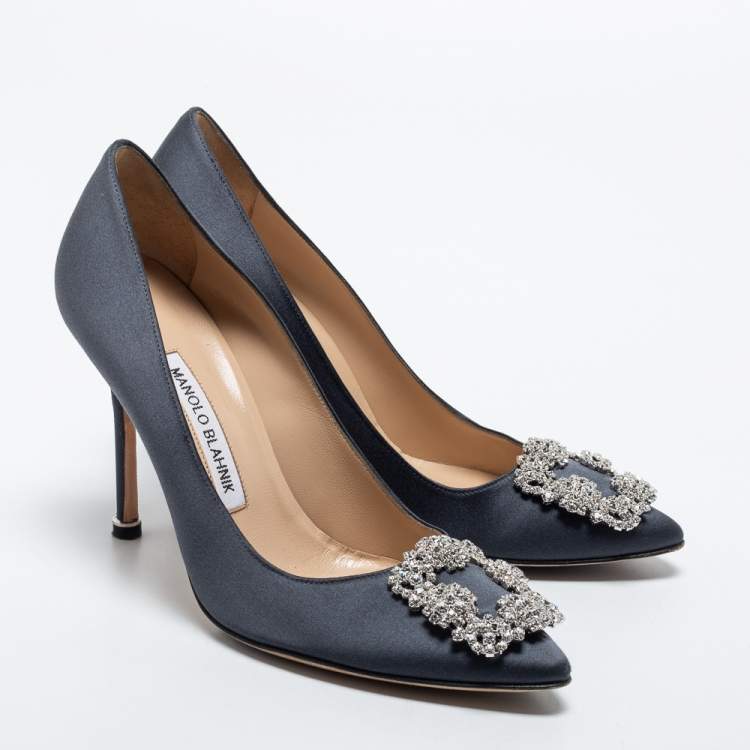 Pre Owned Manolo Blahnik Grey Satin Hangisi  Pumps Size 37.5