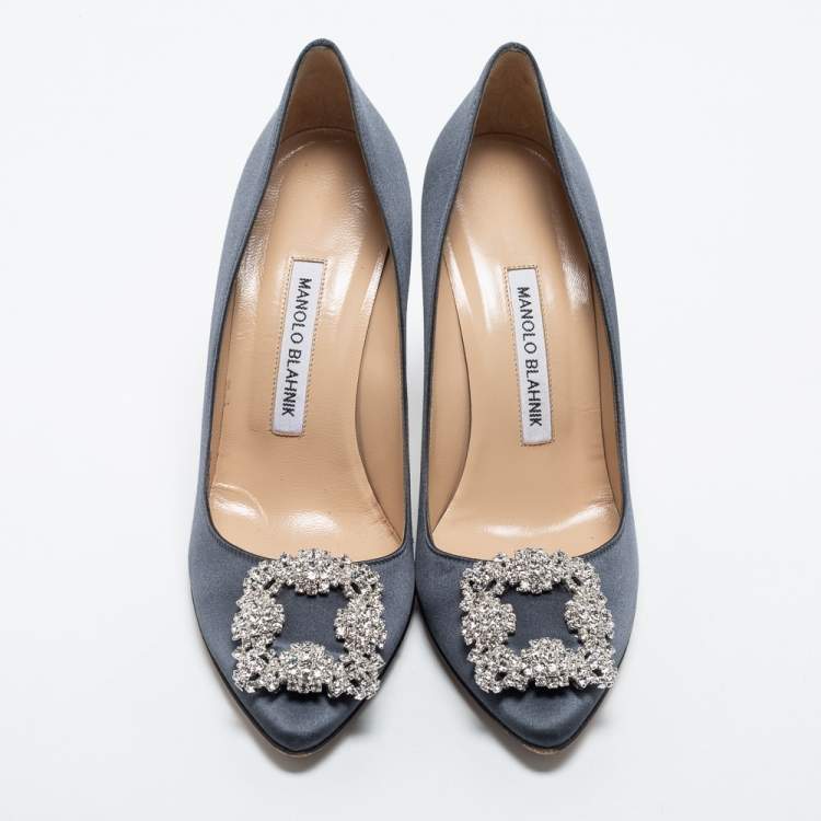 Pre Owned Manolo Blahnik Grey Satin Hangisi  Pumps Size 37.5