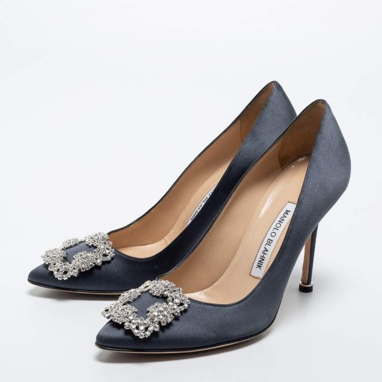 Pre Owned Manolo Blahnik Grey Satin Hangisi  Pumps Size 37.5