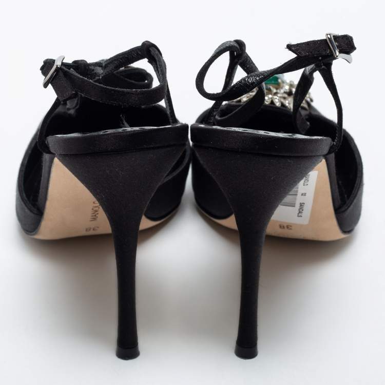 Pre Owned Manolo Blahnik Black Satin Crystal Embellished Jamala Ankle Strap  Pumps Size 38