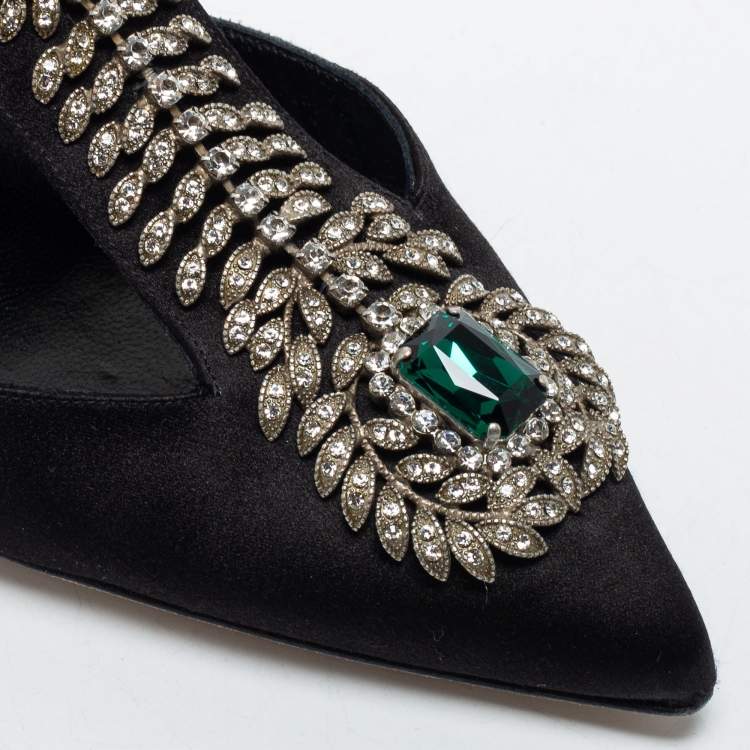 Pre Owned Manolo Blahnik Black Satin Crystal Embellished Jamala Ankle Strap  Pumps Size 38