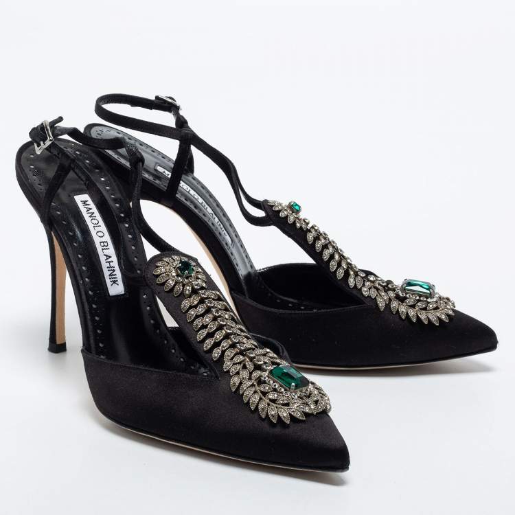 Pre Owned Manolo Blahnik Black Satin Crystal Embellished Jamala Ankle Strap  Pumps Size 38