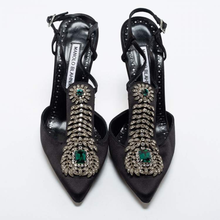 Pre Owned Manolo Blahnik Black Satin Crystal Embellished Jamala Ankle Strap  Pumps Size 38