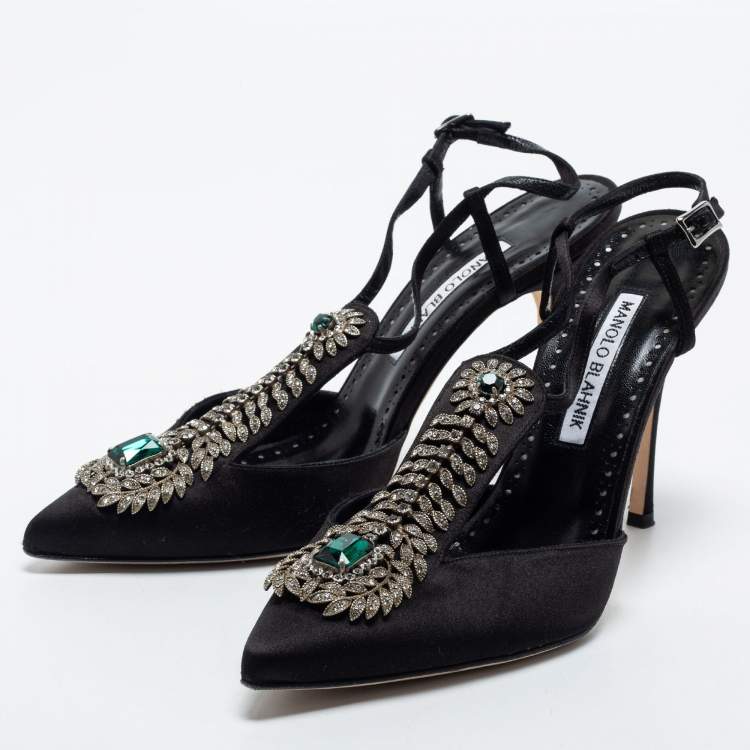 Pre Owned Manolo Blahnik Black Satin Crystal Embellished Jamala Ankle Strap  Pumps Size 38