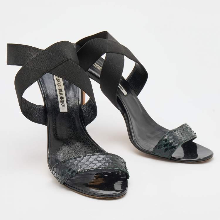 Pre Owned Manolo Blahnik Black Snakeskin and Elastic Ankle Strap Sandals Size 38.5