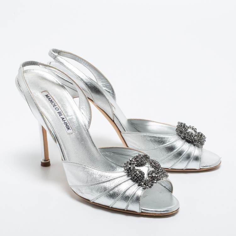 Pre Owned Manolo Blahnik Silver Leather Cassia Slingback Sandals Size 38