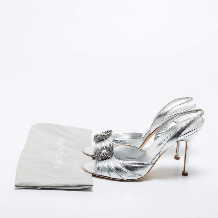 Pre Owned Manolo Blahnik Silver Leather Cassia Slingback Sandals Size 38