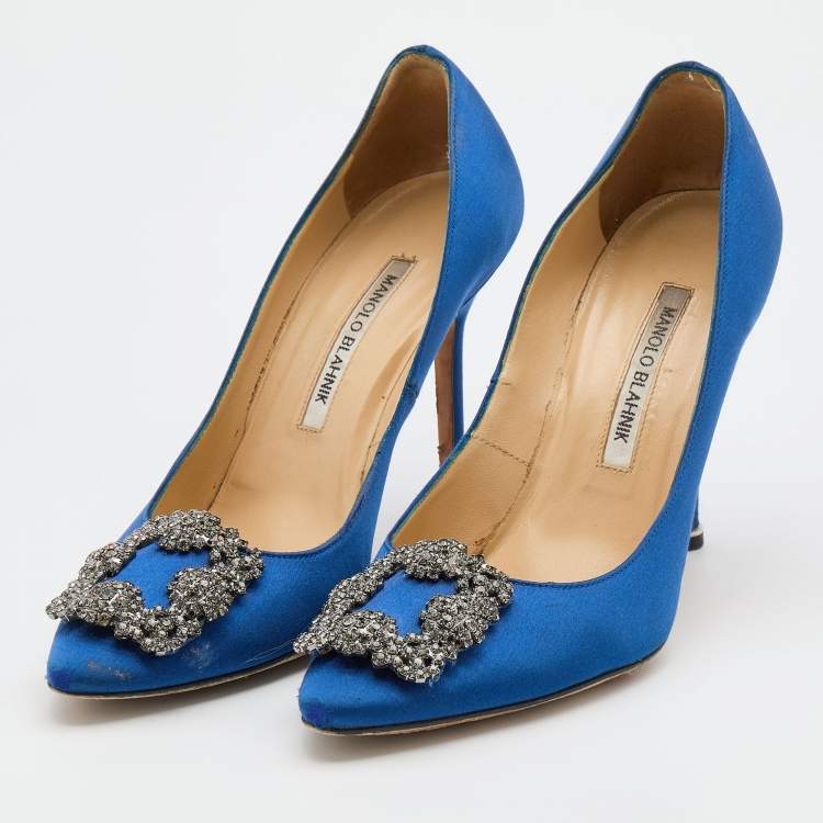Pre Owned Manolo Blahnik Blue Satin Hangisi Pumps Size 38