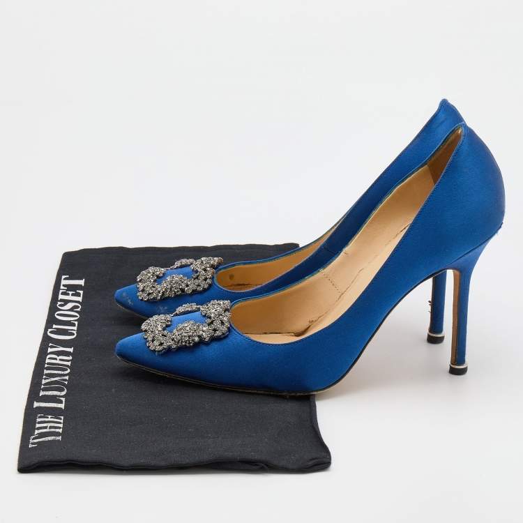 Pre Owned Manolo Blahnik Blue Satin Hangisi Pumps Size 38