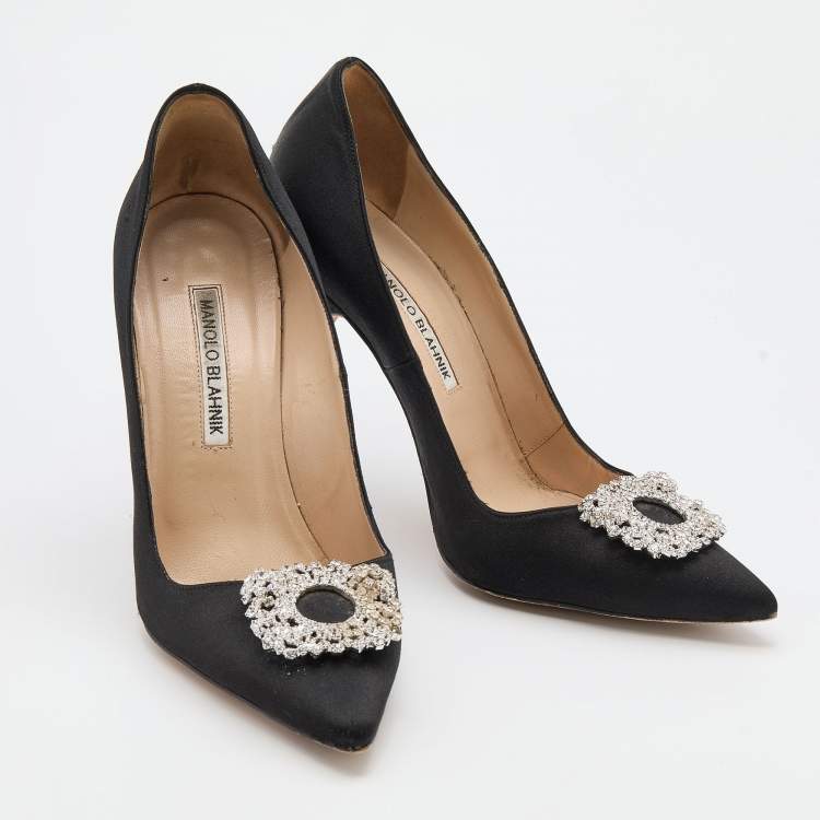 Pre Owned Manolo Blahnik Black Satin Crystal Embellished Pumps Size 37.5