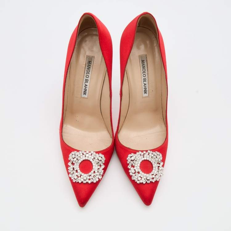 Pre Owned Manolo Blahnik Red Satin Pointed Toe Crystal Embellished Pumps Size 37.5