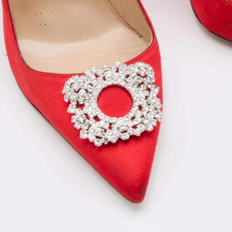 Pre Owned Manolo Blahnik Red Satin Pointed Toe Crystal Embellished Pumps Size 37.5