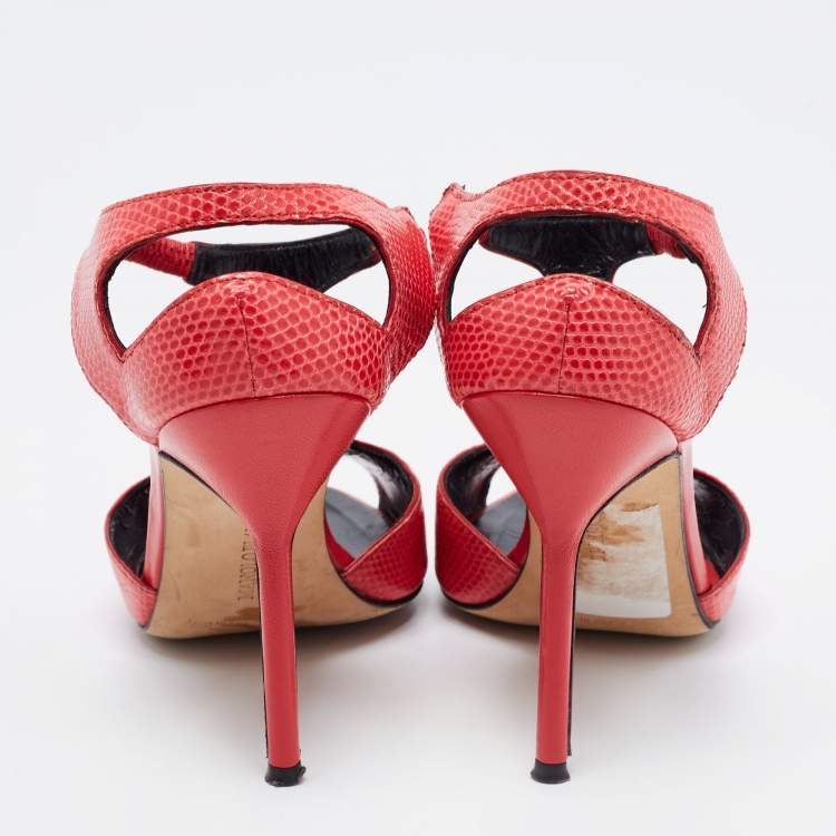 Pre Owned Manolo Blahnik Coral Red Lizard T Strap Sandals Size 35