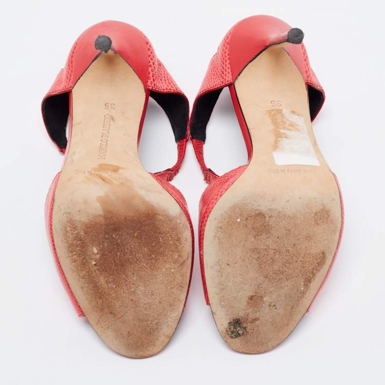 Pre Owned Manolo Blahnik Coral Red Lizard T Strap Sandals Size 35