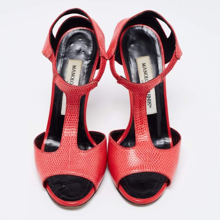 Pre Owned Manolo Blahnik Coral Red Lizard T Strap Sandals Size 35