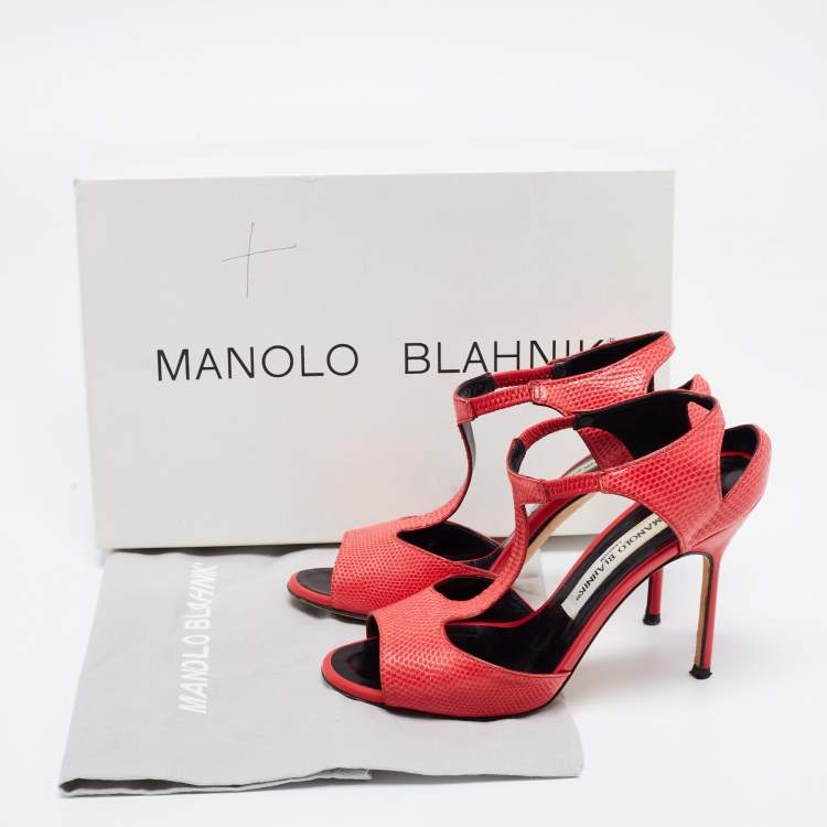 Pre Owned Manolo Blahnik Coral Red Lizard T Strap Sandals Size 35
