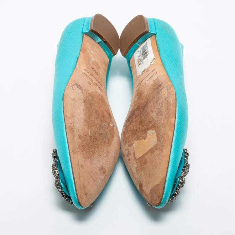 Pre Owned Manolo Blahnik Light Blue Satin Hangisi Crystals Ballet Flats Size 35.5