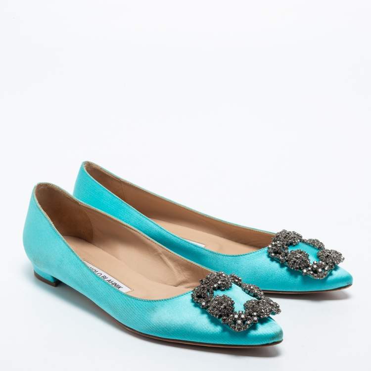 Pre Owned Manolo Blahnik Light Blue Satin Hangisi Crystals Ballet Flats Size 35.5