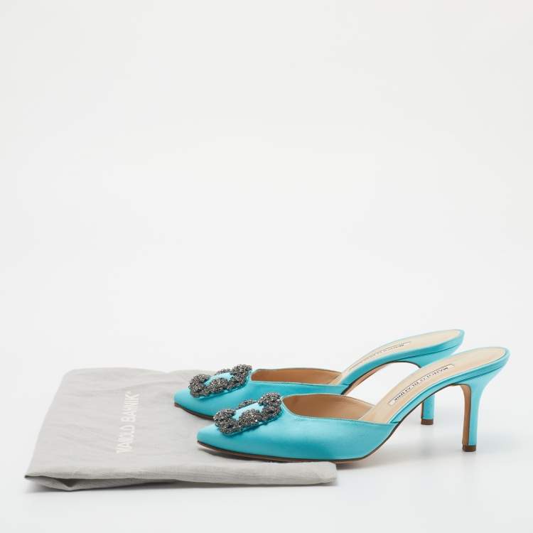 Pre Owned Manolo Blahnik Blue Satin Hangisi Mules Size 38.5