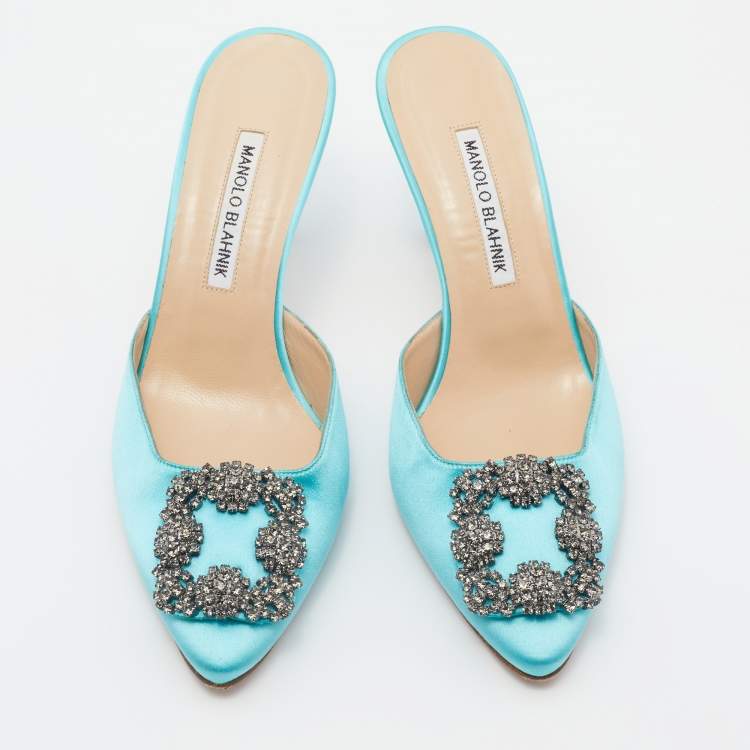 Pre Owned Manolo Blahnik Blue Satin Hangisi Mules Size 38.5
