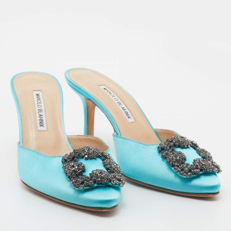 Pre Owned Manolo Blahnik Blue Satin Hangisi Mules Size 38.5