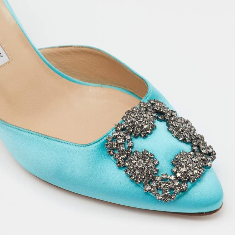 Pre Owned Manolo Blahnik Blue Satin Hangisi Mules Size 38.5