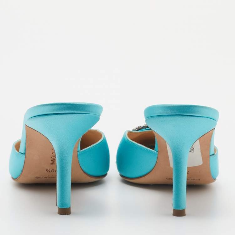 Pre Owned Manolo Blahnik Blue Satin Hangisi Mules Size 38.5