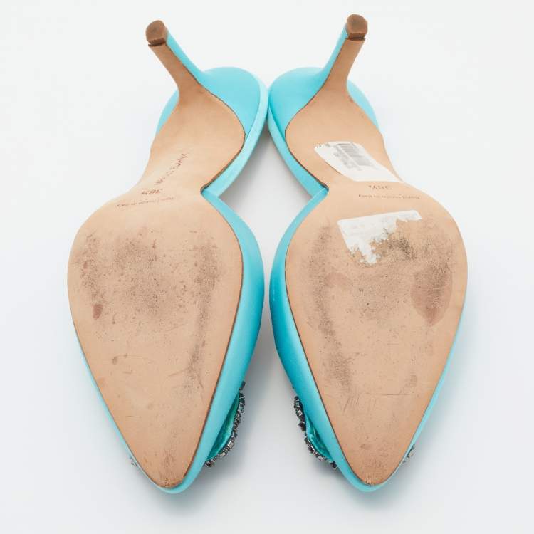 Pre Owned Manolo Blahnik Blue Satin Hangisi Mules Size 38.5