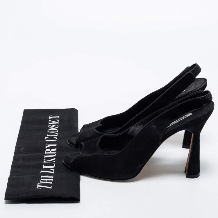 مملوكة مسبقًا Manolo Blahnik Black  Suede Slingback Peep Toe Pumps Size 37