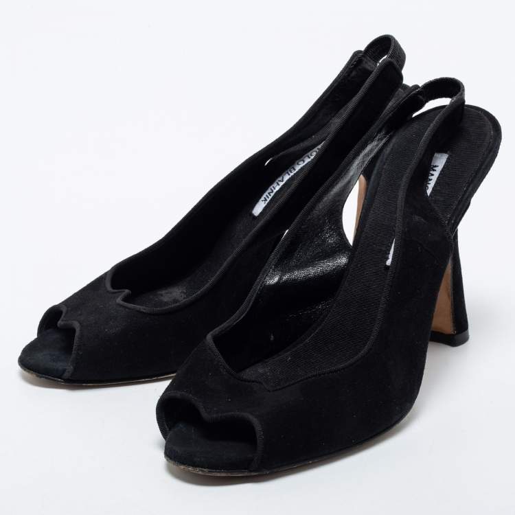 مملوكة مسبقًا Manolo Blahnik Black  Suede Slingback Peep Toe Pumps Size 37