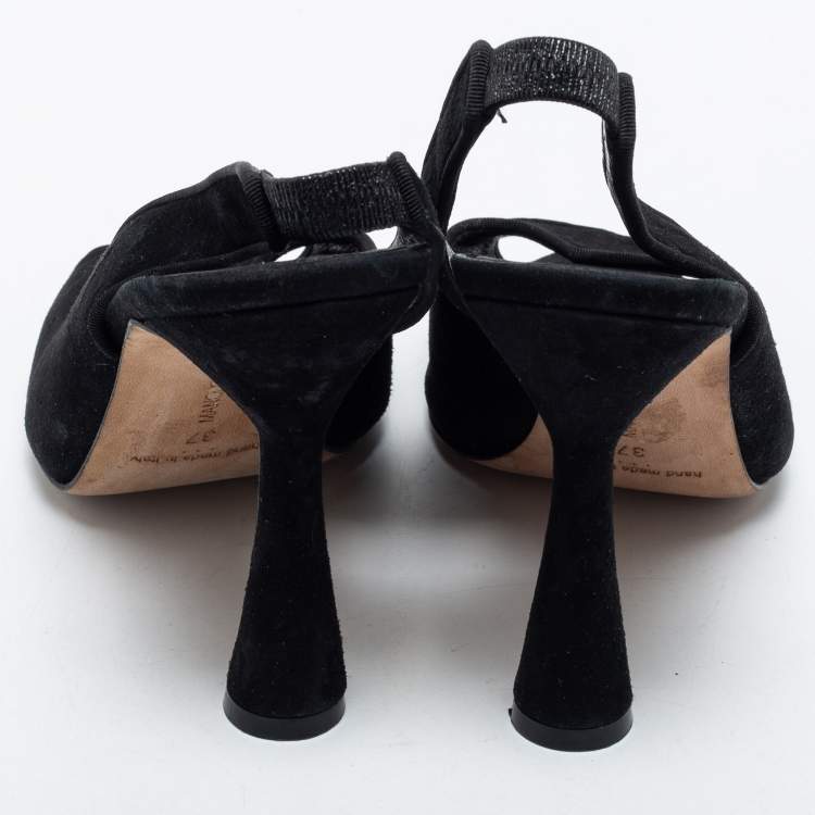 مملوكة مسبقًا Manolo Blahnik Black  Suede Slingback Peep Toe Pumps Size 37