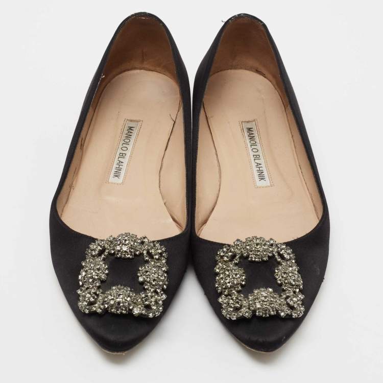 Pre Owned Manolo Blahnik Black Satin Hangisi  Flats Size 37.5