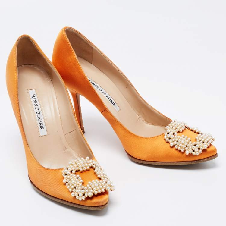 Pre Owned Manolo Blahnik Orange Satin Hangisi Pumps Size 36.5
