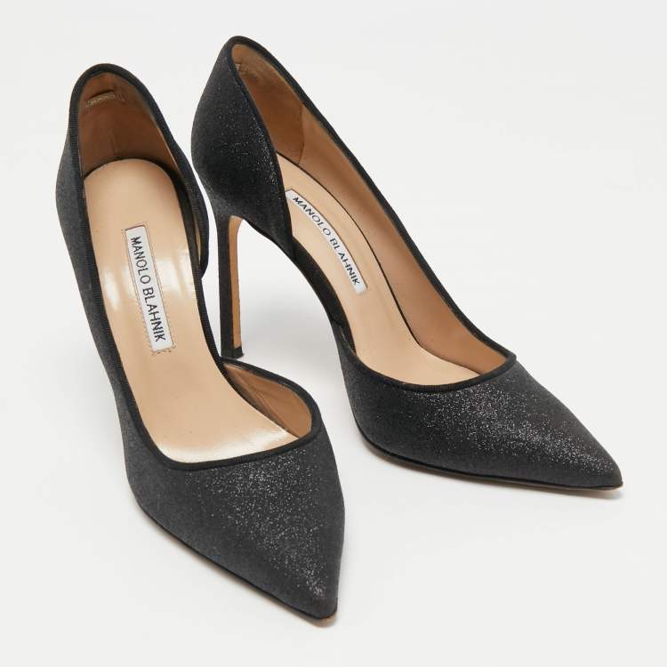 Pre Owned Manolo Blahnik Black Glitter Stresty D'orsay Pointed Toe Pumps Size 38