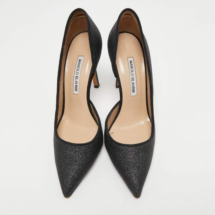 Pre Owned Manolo Blahnik Black Glitter Stresty D'orsay Pointed Toe Pumps Size 38